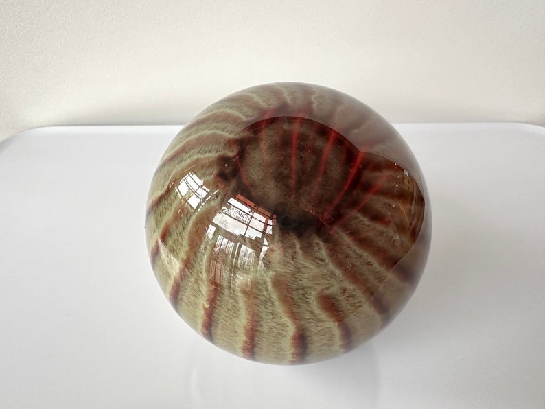 Cat's Eye Blown Glass Float, 4.5 Dark Red Beige Stripe Garden Ball, Outdoor Art Pond Orb, Interior Design Decor Sphere, Avalon Glassworks image 4