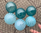 Dusty Blues Ribbed Blown Glass Balls, Set of Six, Slate Turquoise Powder Blue 2.75" Pond Floats Garden Decor Basket Filler Avalon Glassworks