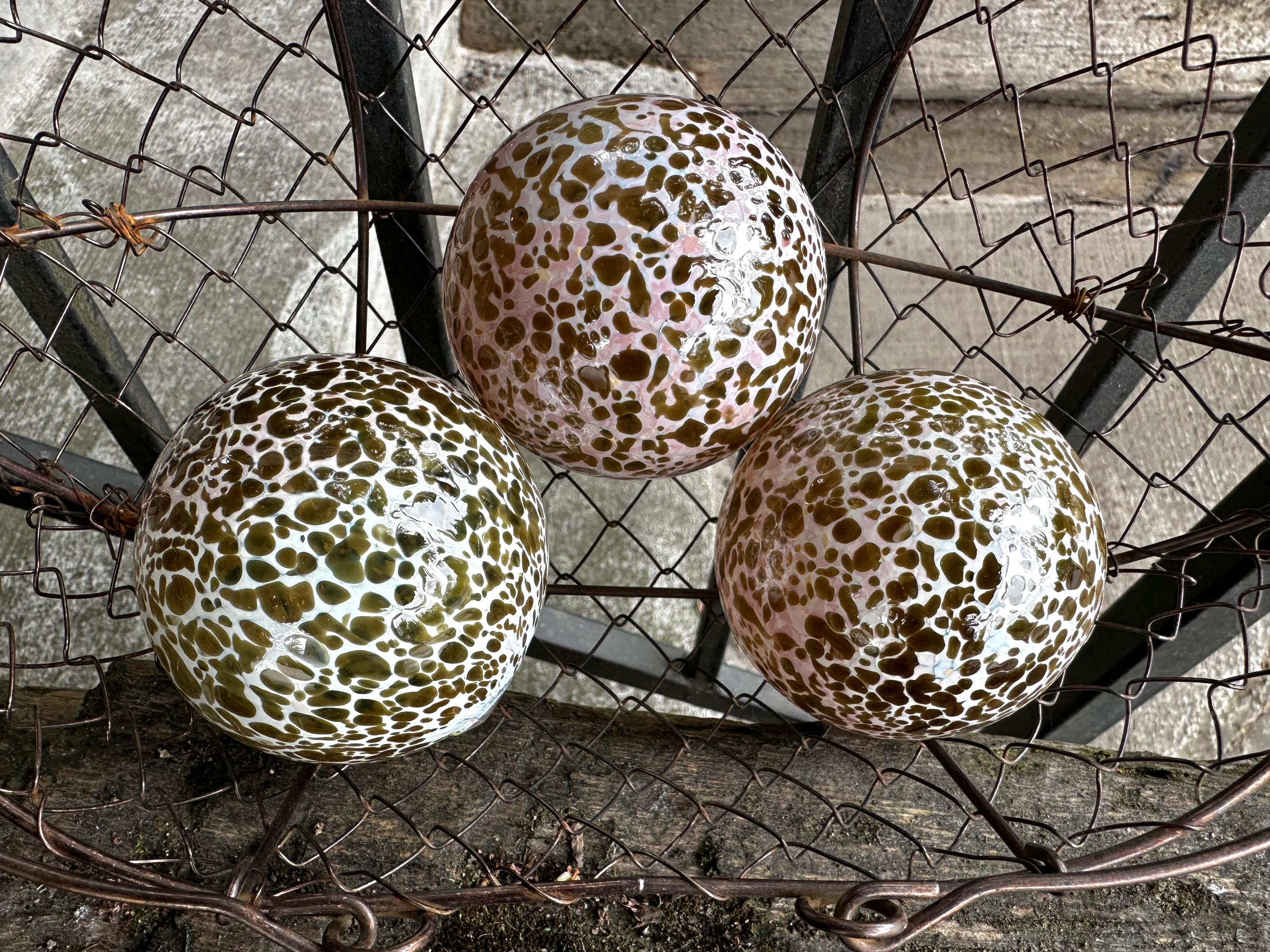 Olive Green Spot Blown Glass Floats Set Of 3 Decor Balls, 2.75" Orbs - Avalon Glassworks