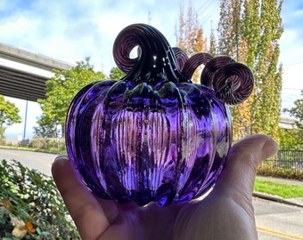 Purple & Black Glass Pumpkin, 3.75" Hand Blown Decorative Gourd Sculpture, Coil Stem, Halloween Autumn Fall Centerpiece, Avalon Glassworks