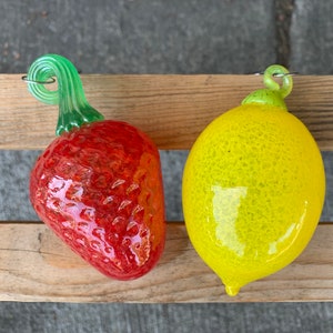Lemon and Strawberry Ornaments Yellow Red Blown Glass Fruit image 2