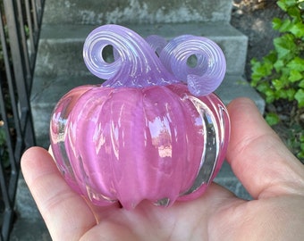 Pink Glass Pumpkin, Purple Stem, Small Solid Glass Paperweight, 2.75" Decorative Squash Sculpture, Baby Shower Halloween, Avalon Glassworks