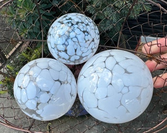 White Spots on Clear Glass Floats, Set of 3 Hand Blown Balls Outdoor Floating Garden Globe Art Spheres, Basket Fill Decor, Avalon Glassworks