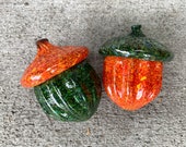 Blown Glass Acorn Sculptures, Set of Two, 4" Orange and Green Oak Tree Seed Pods, Fall Decor, Autumn Decorations, Acorns, Avalon Glassworks