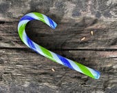 Seattle Glass Candy Cane Ornament: Green Blue White Twist, 5.5" Decoration - Avalon Glassworks