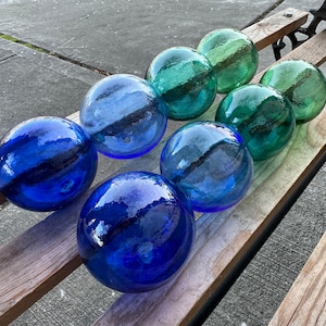 Beach Glass Floats, Set of 8 Hand Blown Glass 2.75&quot; Balls, Blue Green Aqua Cobalt Interior Design Spheres Garden Pond Art, Avalon Glassworks