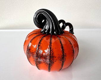 Orange and Black Pumpkin, 3.75" Hand Blown Glass Squash Sculpture, Curly Stem Autumn Fall Halloween Art Centerpiece Decor, Avalon Glassworks