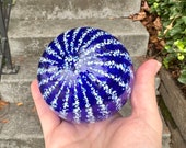 Blown Glass Float, Blue and White Stripe 3” Sphere, Outdoor Garden Globe, Floating Pond Ball, Coastal Nautical Art Decor, Avalon Glassworks
