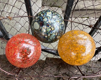 Burnt Orange Gray Beige Pattern Floats, Set of 3 Blown Glass Balls, Interior Design Spheres, Outdoor Garden Art Pond Orbs, Avalon Glassworks