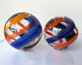 Blue Orange Black "Glassies" Blown Glass Float: Set of 2 Twist Stripe Decor Ball, 5" Orbs - Avalon Glassworks