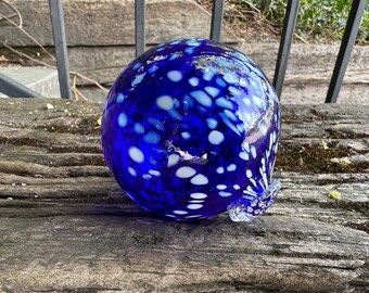 Cobalt Blue and White Garden Ball, Nautical Hand Blown Glass Float, Interior Design Sphere, Outdoor Pond Decor Orb Globe, Avalon Glassworks