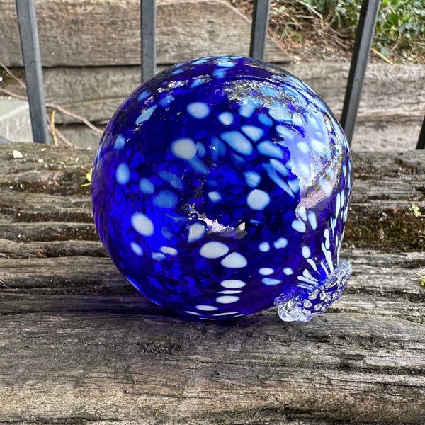 Cobalt Blue and White Garden Ball, Nautical Hand Blown Glass Float, Interior Design Sphere, Outdoor Pond Decor Orb Globe, Avalon Glassworks