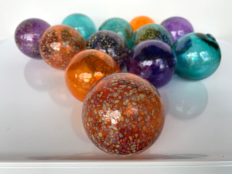 Teal Orange Purple Spot Floats, Set of 12 Decorative Blown Glass Balls Small Pond Spheres Outdoor Garden Art Coastal Decor Avalon Glassworks image 3