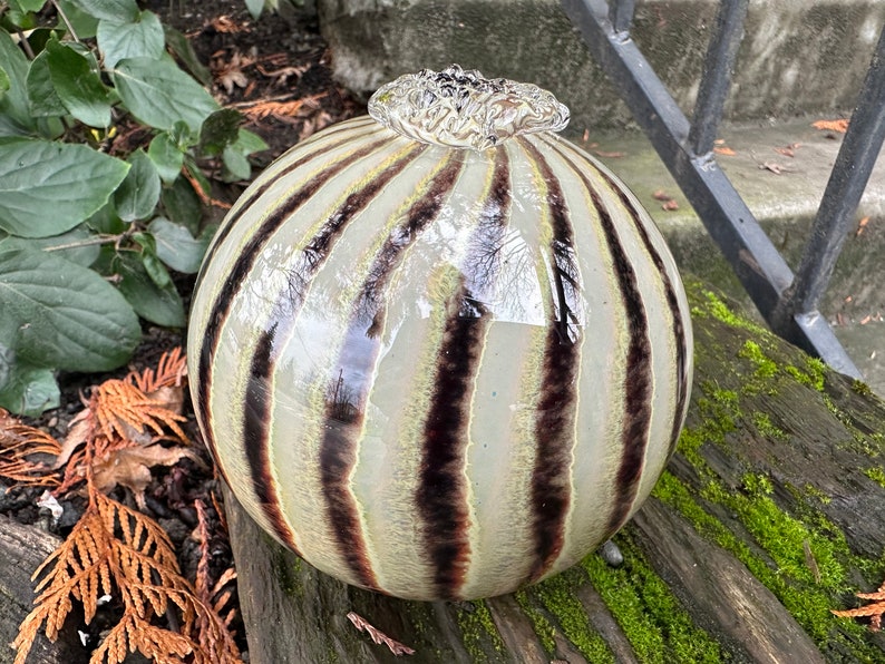 Cat's Eye Blown Glass Float, 4.5 Dark Red Beige Stripe Garden Ball, Outdoor Art Pond Orb, Interior Design Decor Sphere, Avalon Glassworks image 7