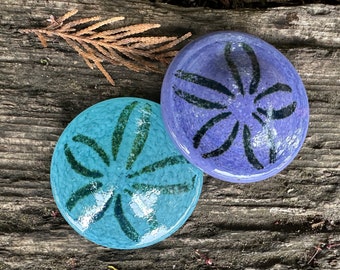 Glass Sand Dollars, Set of 2 Beach Paperweights, 3" Turquoise Purple Solid Sculptures, Decorative Coastal Art Sea Shells, Avalon Glassworks