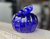 Cobalt Blue Blown Glass Pumpkin: Autumn Table Decoration, 4" Sculpture - Avalon Glassworks