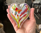 Multi Color Glass Heart, Solid Paperweight Art Sculpture, Yellow Green Orange White Red Abstract Design Valentine Gift, Avalon Glassworks