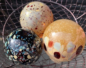 Agate Glass Floats, Set of 3 Decorative Hand Blown Balls, Red Brown Gold Blue Beige, Garden Pond Orbs, Art Design Spheres, Avalon Glassworks