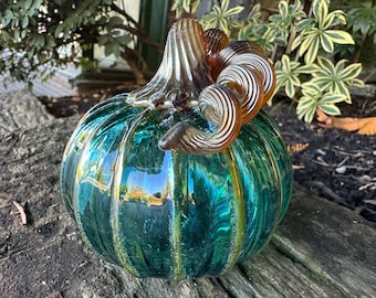 Aqua Green Hand Blown Glass Pumpkin, 3.75" Transparent Gourd Squash Art Decor Sculpture, Teal Blue Gold Ribs & Coil Stem, Avalon Glassworks