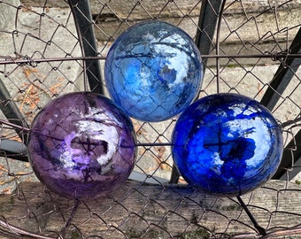Smallest Blue Purple Floats, Birdbath Balls, Set of 3 Hand Blown Glass Garden Orbs, Coastal Interior Design Decor Spheres, Avalon Glassworks