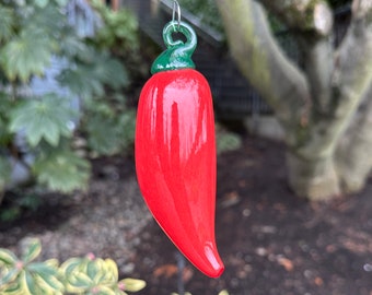 Blown Glass Chili Pepper Ornament, 5" Hanging Red Pepper Sun Catcher, Christmas Tree Decoration, Green Loop, Metal Hook, Avalon Glassworks