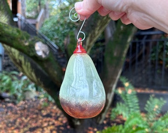 Two-Tone Pear Ornament, 4.5" Blown Glass Hanging Sun Catcher, Brown Beige Red, Metal Hook, Christmas Autumn Holiday Decor, Avalon Glassworks