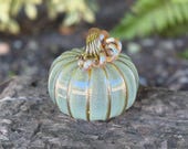 Sage Green Blown Glass Pumpkin: Gold Coil Stem, 4.5" Autumn Decoration - Avalon Glassworks