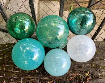 Sea Foam Glass Floats, Set of 6 Balls, Turquoise Green Aqua Blue White, Coastal Nautical Garden Interior Design Spheres, Avalon Glassworks