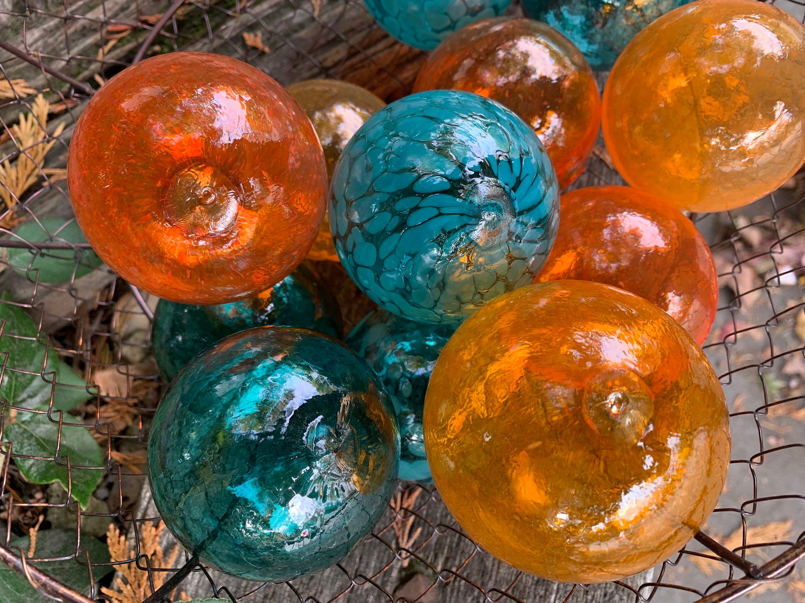 Teal and Orange Hand Blown Glass Balls Set of 12 Small Garden Etsy