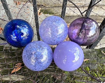 Purple Blue Decorative Glass Balls, Set of 5 Blown Floats, Nautical Interior Design Spheres, Garden Art Globes, Pond Orbs, Avalon Glassworks