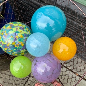 Spring Colors, Hand Blown Glass Floats Set of 6, Bright Green Turquoise Purple Yellow, Garden Art Balls, Floating Spheres, Avalon Glassworks image 9