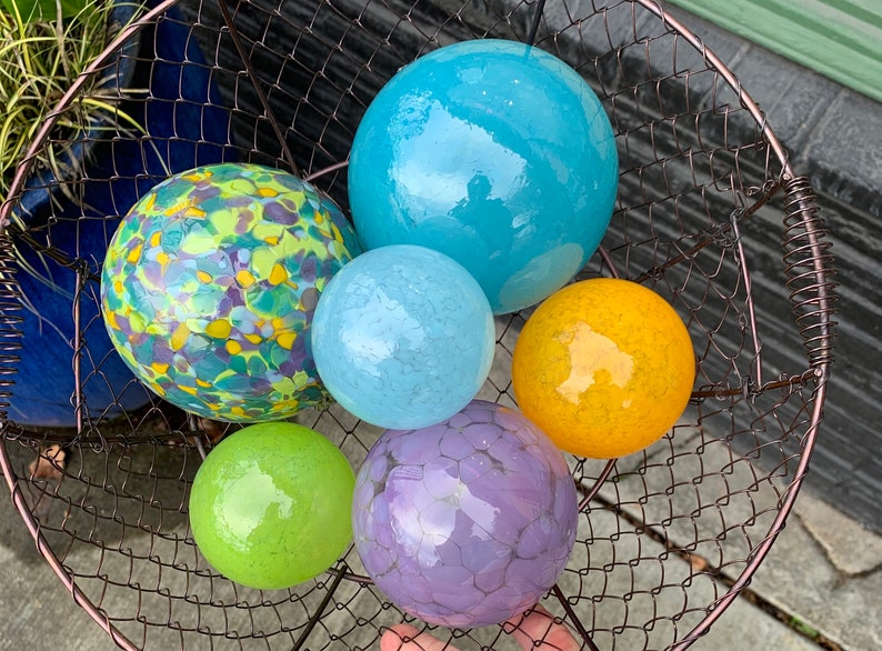 Spring Colors, Hand Blown Glass Floats Set of 6, Bright Green Turquoise Purple Yellow, Garden Art Balls, Floating Spheres, Avalon Glassworks image 9