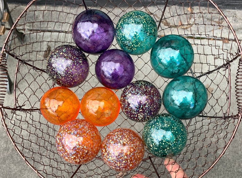 Teal Orange Purple Spot Floats, Set of 12 Decorative Blown Glass Balls Small Pond Spheres Outdoor Garden Art Coastal Decor Avalon Glassworks image 9