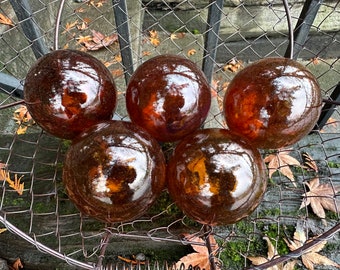 Brown Glass Floats, Set of 5 Hand Blown Garden Balls Translucent Sienna Coffee Umber 2.625" Interior Decor Design Spheres, Avalon Glassworks