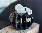Black & White Blown Glass Pumpkin: 4.25" Halloween Decoration - White Stem - Avalon Glassworks