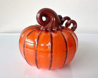 Orange Red Glass Pumpkin, 4" Hand Blown Squash Sculpture, Dark Brick Terra Cotta Coil Stem, Autumn Thanksgiving Halloween, Avalon Glassworks