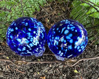 Cobalt Blue White Spot Glass Floats, Set of 2 Hand Blown Floating Garden Balls, 3" Interior Design Art Spheres Home Decor, Avalon Glassworks