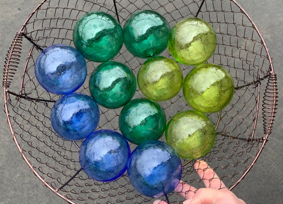 Blue Green Lime Glass Floats, Set of 12 Small Hand Blown Glass