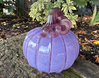 Lavender Purple Glass Pumpkin, 4.5" Mauve Squash Sculpture, Purple Ribs, Brown Stem, Autumn Gourd Art Centerpiece Decor, Avalon Glassworks