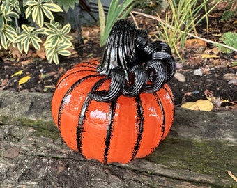 Orange and Black Pumpkin, 3.75" Hand Blown Glass Squash Sculpture, Curly Stem Autumn Fall Halloween Art Centerpiece Decor, Avalon Glassworks