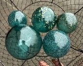 Turquoise Blue Blown Glass Floats: Set of 5 Decor Balls, 2.5"-4.25" Orbs - Avalon Glassworks