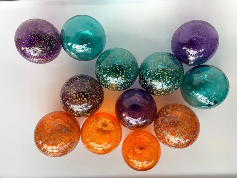 Teal Orange Purple Spot Floats, Set of 12 Decorative Blown Glass Balls Small Pond Spheres Outdoor Garden Art Coastal Decor Avalon Glassworks image 8