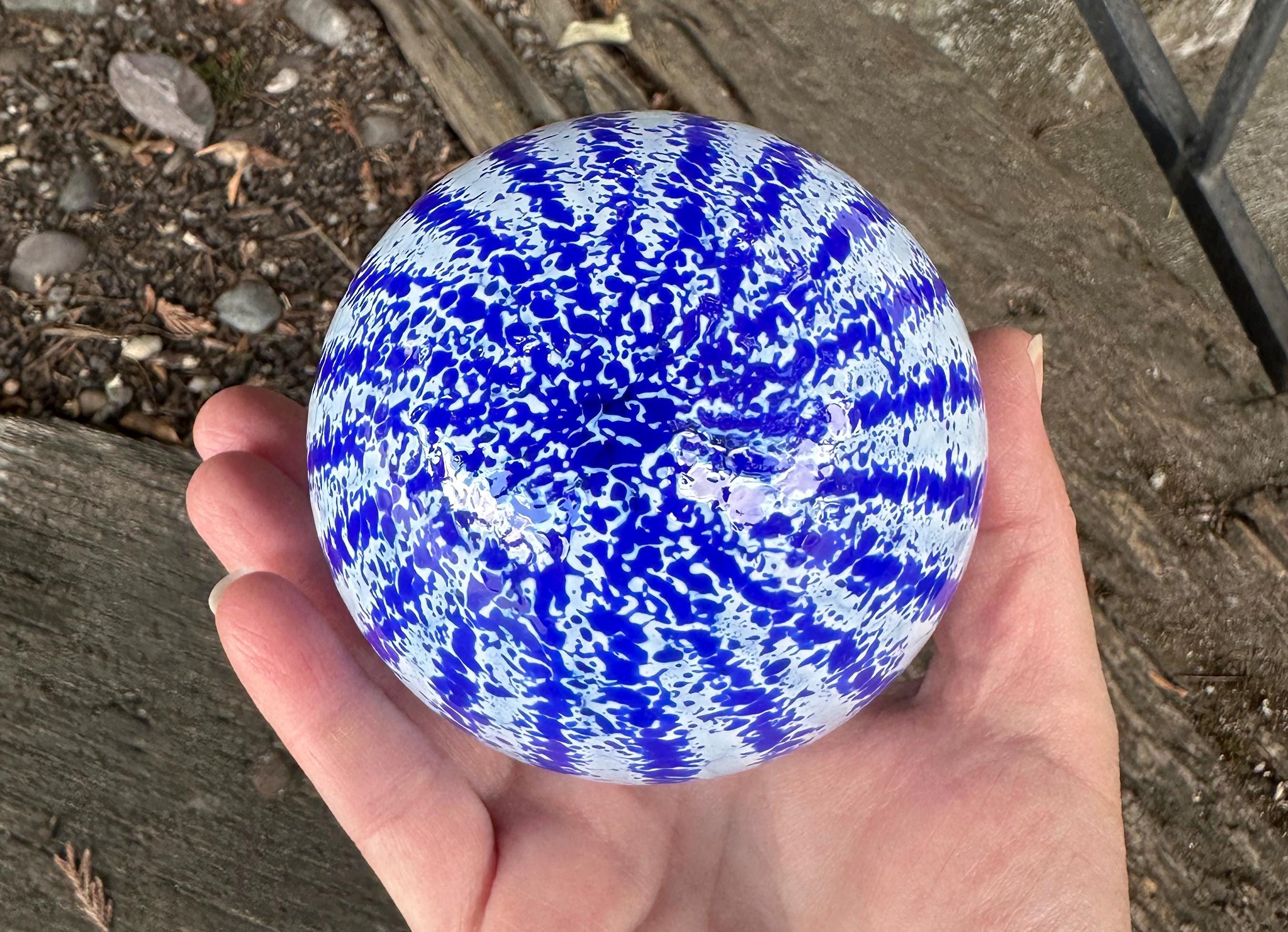 Blown Glass Float White & Blue Stripe Decor Ball, 3.625" Orb - Avalon Glassworks