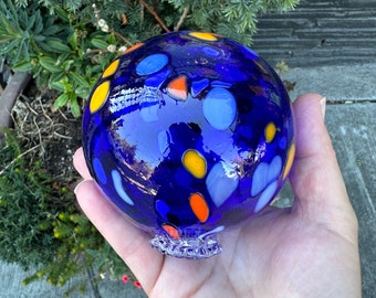 Cobalt Blue, Light Blue, Orange Spot Float 3.5" Blown Glass Decorative Ball, Outdoor Garden Design Nautical Pond Sphere, Avalon Glassworks