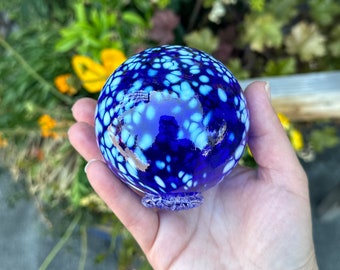Blown Glass Float, Cobalt Blue and White Spots, 3" Sphere Outdoor Garden Art Floating Ball, Coastal Nautical, Avalon Glassworks