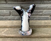 Whale Tail Glass Sculpture, Marine Sea Life Art, Coastal Decor, Black White Blue Fluke Figurine, Mantel Shelf Curio Fin, Avalon Glassworks