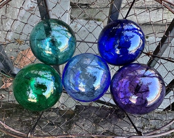 Smallest Glass Floats, Set of 5 Hand Blown Balls, Blue Green Aqua Cobalt Purple Interior Design Spheres Garden Art Decor, Avalon Glassworks