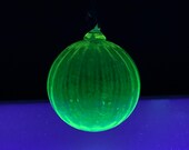 Uranium Glass Ornament, Glows in Black Light, Round Christmas Tree Ball, Vaseline Glass, Bright Yellow or Green, Hook, Avalon Glassworks