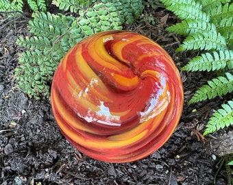 Red Twist Glass Float, 4.25" Hand Blown Garden Gazing Ball Orange Swirl Pattern Outdoor Art Decor Interior Design Sphere, Avalon Glassworks
