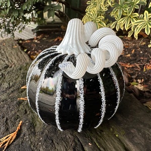 Black White Glass Skeleton Pumpkin, 4" Hand Blown Squash Gourd Sculpture, Mantel Table Hearth Porch Art, Halloween Decor, Avalon Glassworks